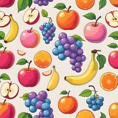 seamless background with fruits, Seamless pattern with fresh fruits and berries: apple, orange, lemon, strawberry, banana, cherry, pear, kiwi, pineapple, and grape icons for a healthy food collection