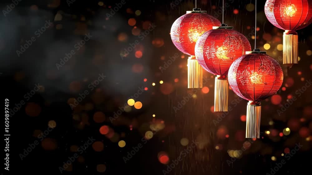 Poster red lanterns glowing against a dark backdrop with bokeh lights