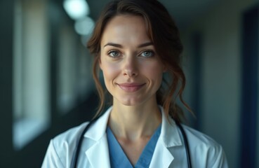 Portrait of confident female doctor wearing white lab coat, stethoscope. Her friendly expression, pro attire convey expertise, compassion in healthcare. Background features blurred hospital hallway.