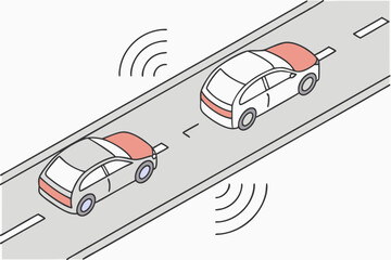 Drivers maintaining safe following distance on a highway with speed limit signs and lane markings, adaptive cruise control icons, modern flat illustration style
