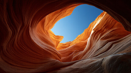 Obraz premium Dramatic Vertical Photograph of a Sandstone Canyon Interior with Swirling Orange and Brown Rock Formations and a Bright Blue Sky Visible