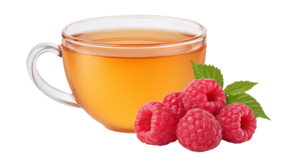 Glass cup of raspberry tea with fresh berries on white background