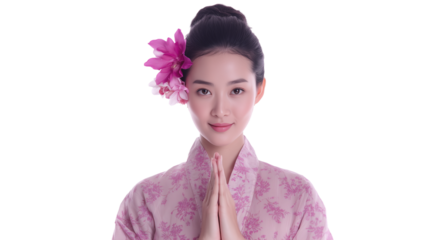 Portrait of young Asian woman in traditional clothing with flower in hair