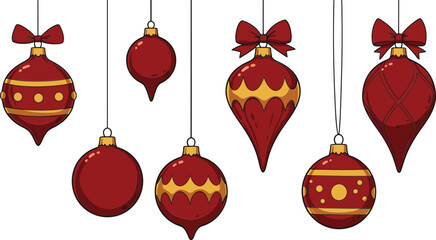 Red Christmas ornaments with golden patterns hanging decoration vector illustration for holiday design