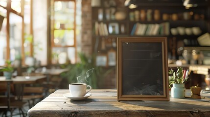 Fototapeta premium Cozy coffee shop environment with blank chalkboard for back to school themed design. Horizontal banner. Copy space. Template for Cafe, coffee shop, bar