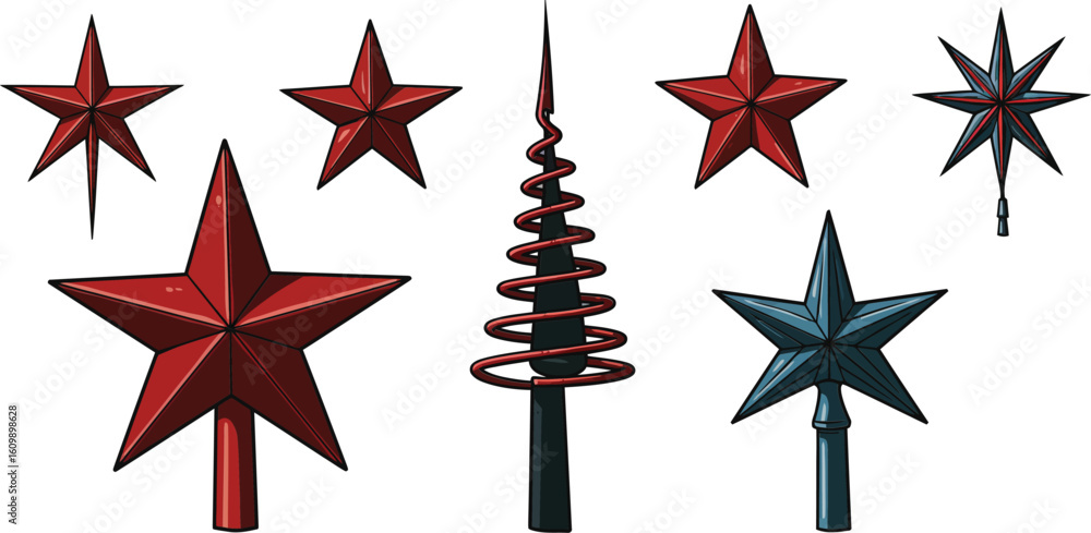Poster red and blue star shapes with pointed edges vector design elements in symmetrical arrangement for de