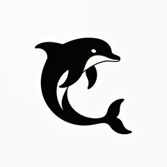 Obraz premium Minimalist black, white icon of dolphin jumping. Sleek silhouette represents marine life, ocean, wildlife. Features clean lines, making ideal for logos, logotypes, graphic design elements.