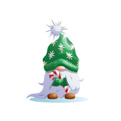Cute Christmas Gnome with Candy Cane. Vector Illustration of a Christmas Elf. Cartoon Christmas Gnome with Green Hat.
