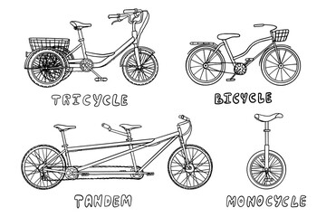 Bicycle transport icons. Monocycle, tandem bicycle, tricycle. Sport. Cycling. Healthy lifestyle. Active lifestyle. Walking bicycle. Vehicle. Biking. Doodles