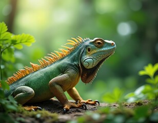 Fototapeta premium Green iguana rests on mossy ground in lush jungle foliage. Its scales show intricate detail and texture. Sunlight filters through leaves creating a serene, natural habitat.