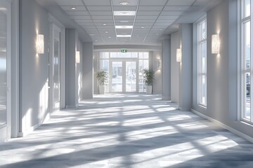 Fototapeta premium Modern grey office hallway with bright natural sunlight 