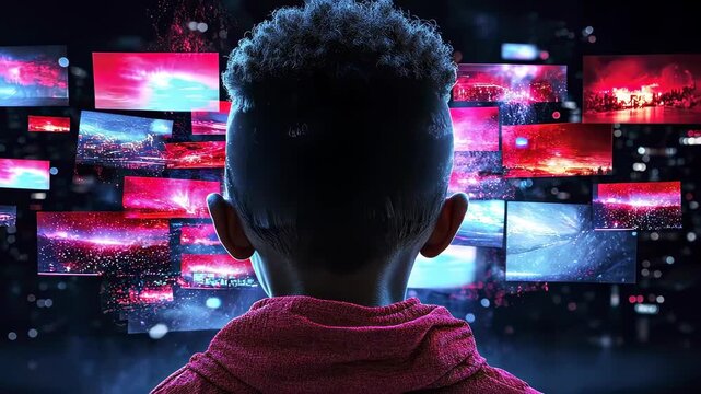 A surreal depiction of a young boy with a digital mindscape of vibrant images