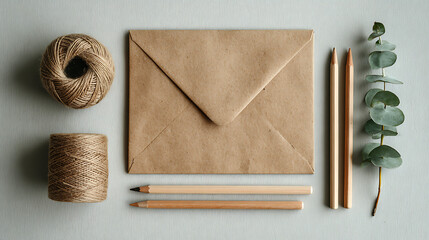 Flat lay of kraft paper envelope twine spools wooden pencils and eucalyptus sprig on light blue background rustic stationery arrangement