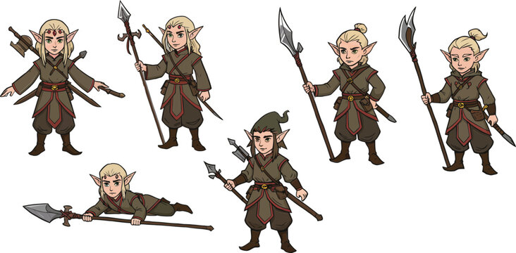 Fantasy elf warrior character pixel art sprite sheet with spear weapon and medieval outfit for game design and animation