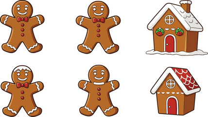 Gingerbread men and festive gingerbread houses with icing decorations holiday baking vector illustration