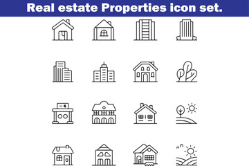 Real estate Properties line editable icon set. Containing, Urban architecture, building, skyscraper, and more. Editable stroke. Vector illustration.