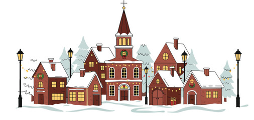 Obraz premium Winter village town with snow-covered roofs and street lamps in cold season landscape vector illustration