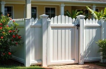 Clean white vinyl fence with gate borders tranquil residential yard in sunny Florida. Rich green vegetation, vibrant red flowers frame scene. Fence offers privacy, security, creating peaceful outdoor