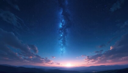 Fototapeta premium Enchanting night sky with myriad stars illuminates serene landscape. Cosmic wonder, celestial beauty, dreamy horizon, deep blue gradient, peaceful scene. Nature scene, dark blue, purple, pink hues.