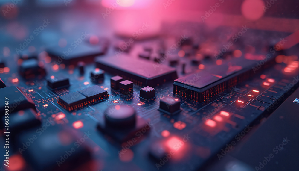 Aufkleber macro shot of complex electronic circuit board with illuminated components, intricate pathways. feat