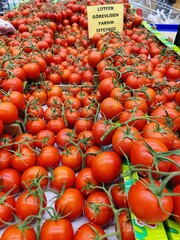 A vibrant sea of ripe tomatoes symbolizes abundance and opportunity, stacked high in a market with a sign reading "Please ask the staff for help," inviting connection amidst nature's bounty,