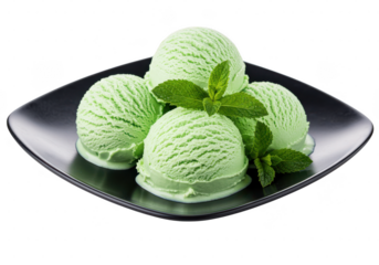 Four scoops of light green frozen dessert with mint leaves on a dark square plate close up view on transparent background