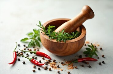 Rustic wooden mortar, pestle with fresh rosemary sprigs, vibrant red chilies, scattered peppercorns. Ground spices like paprika, turmeric add aromatic flavor for cooking. Represents natural, organic