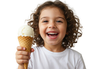 Joyful young girl with curly hair holding a vanilla ice cream cone and smiling widely at the viewer on transparent background