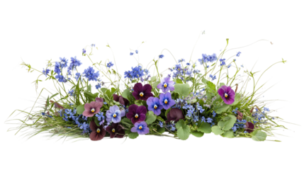 Bouquet of violets, wild grass, and forget-me-nots isolated on transparent background