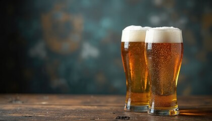Two glasses of frothy golden beer sit on rustic wooden table, suggesting responsible drinking, enjoyment for National Alcohol Awareness Month. Textured background adds depth, perfect for bar pub