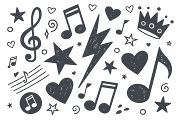 Energetic Grunge Music Pattern Featuring Musical Notes, Stars, Hearts, Lightning Bolts, and a Crown in Monochrome Style