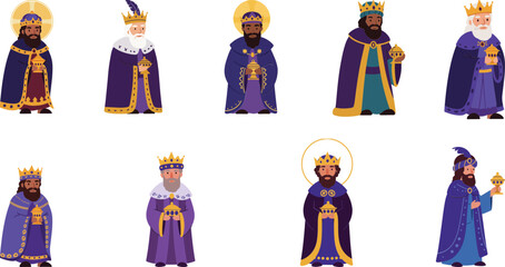 Obraz premium Three Wise Men Kings Nativity Scene Vector Illustration with Royal Robes and Crowns for Christmas Holiday Decoration