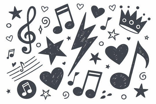 Energetic Grunge Music Pattern Featuring Musical Notes, Stars, Hearts, Lightning Bolts, and a Crown in Monochrome Style - Powered by Adobe