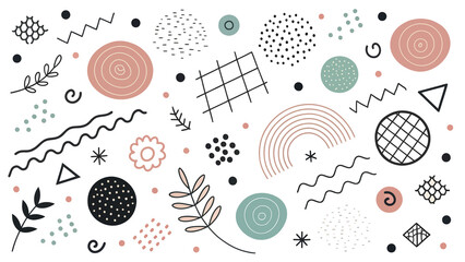 Playful Abstract Pattern with Geometric Shapes and Botanical Elements in Pastel Colors for Creative...