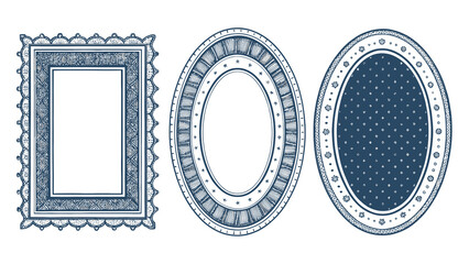 Decorative Vintage Frames: Rectangular and Oval Shapes Adorned with Ornamental Details, Blue Ink on...