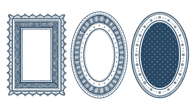 Decorative Vintage Frames: Rectangular and Oval Shapes Adorned with Ornamental Details, Blue Ink on a Clean White Backdrop