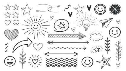 Whimsical Hand Drawn Doodle Set with Stars, Hearts, Arrows, and Smiley Faces Ideal for Creative...