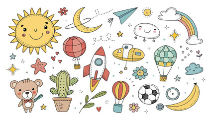 Whimsical Hand-Drawn Cartoon Collection Featuring Sun, Moon, Stars, Rocket, Balloon, Teddy Bear, and Other Objects on a White Background