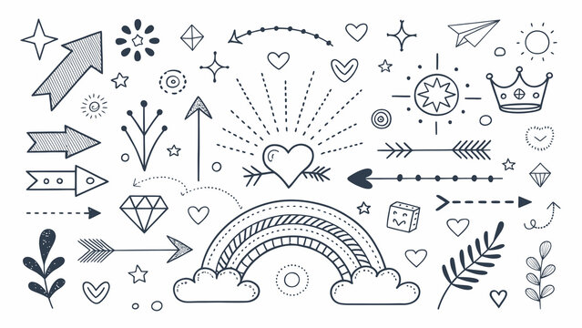 Charming Doodle Collection: Hand-Drawn Arrows, Hearts, Rainbow, and Whimsical Elements for Creative Designs and Illustrations with Elegant Black and White Minimalist Aesthetic - Powered by Adobe