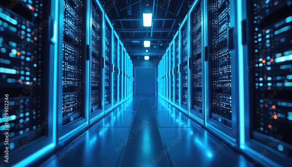 Aufkleber abstract digital illustration of data center network with glowing blue neon lines. rows of servers c