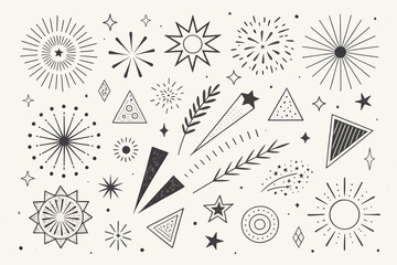 Whimsical Celestial Vector Collection: A Hand-Drawn Set of Stars, Sunbursts, and Other Festive...