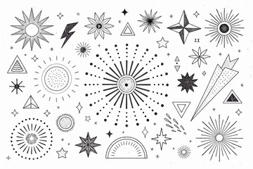 Whimsical Celestial Collection: Hand-Drawn Starbursts, Stars, Lightning, and Geometric Shapes for...