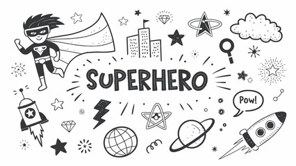 Energetic Superhero Doodle Art with Cityscape, Planets, and Stars Featuring a Black-and-White Whimsical Design © junaid