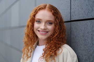 Smiling Young Woman with Red Curly Hair Outdoors