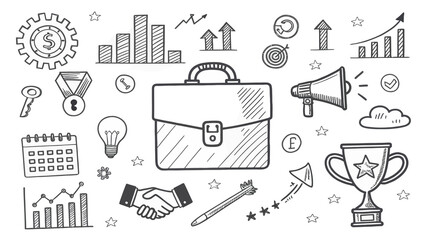 Hand-Drawn Business Concept Illustration Showcasing Growth, Success, and Strategy with Briefcase,...