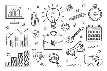 Business Doodle Icons Set with Graph, Lightbulb, Calendar, Briefcase, and other Elements Representing Success and Development.