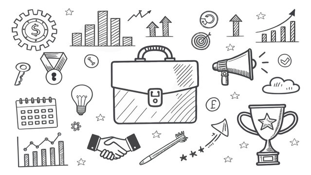 Hand-Drawn Business Concept Illustration Showcasing Growth, Success, and Strategy with Briefcase, Charts and Tools on White Background