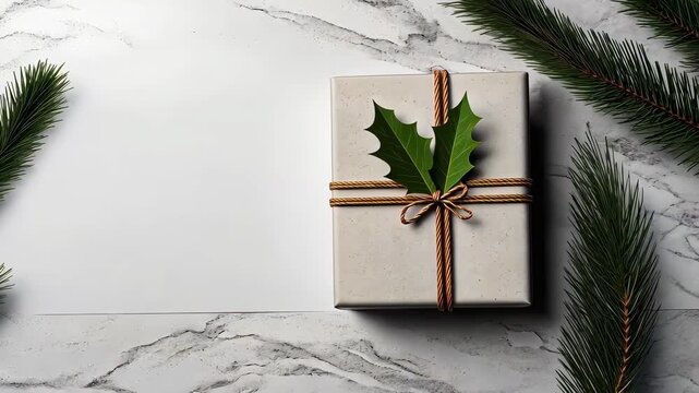 Festive gift wrapped with greenery on a marble surface