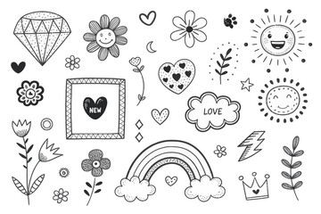 Hand Drawn Black and White Doodle Set with Flowers, Hearts, Rainbow, Sun, and More for Decorative Designs