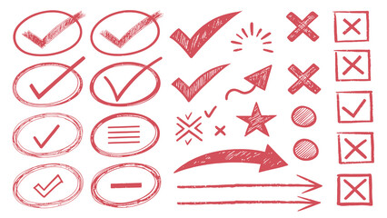 Red Hand-Drawn Check Marks, Crosses, Arrows and Symbols on White Background: A Dynamic Visual...